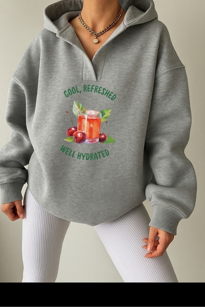 Deocept Unisex Gray V-Neck Hooded Printed Oversized Sweatshirt