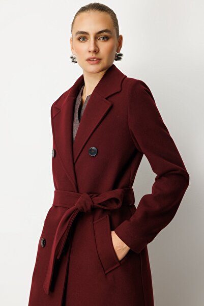 Ekol Belted Double-Breasted Collar Coat Burgundy 06063
