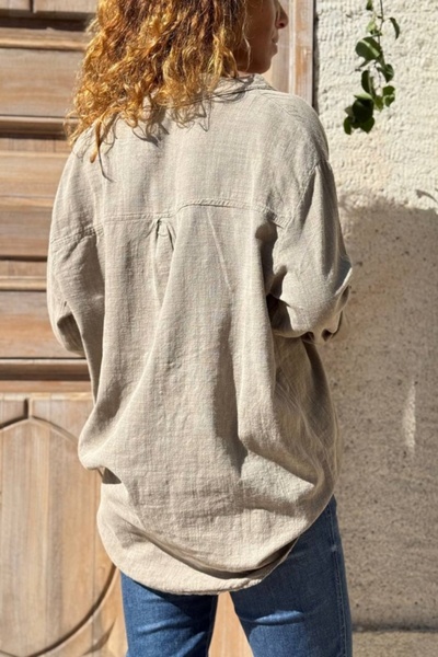 Güneşkızı Bronze Color Buttoned Collar Washed Soft Textured Cotton Loose Blouse 75 55