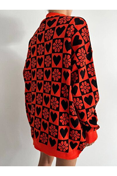 Secret Passion Lingerie New Season Floral and Heart Patterned Button Detailed Orange Color Women's Knitwear Cardigan 0200