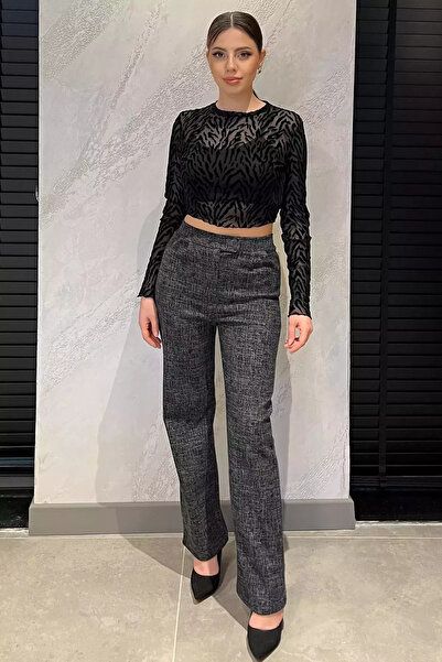 Zehra Gül Antrasit Kadın Kışlık Karyağdı Desenli Bel Cırtlı Palazzo Pantolon