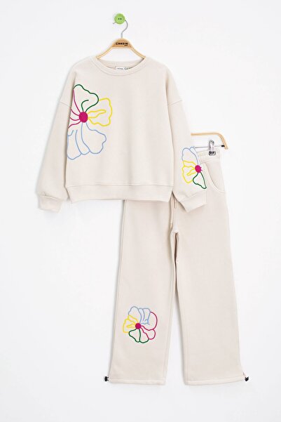 Cansın Mini Krem Çiçek Nakış Detaylı Geniş Paça Kız Çocuk Şardonlu Takım 23284