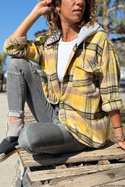 Güneşkızı Yellow Hooded Plaid Pocket Lumberjack Casual Shirt 60 50
