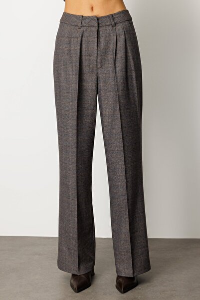 Ekol Plaid Wide Leg Trousers Anthracite 5167-26K