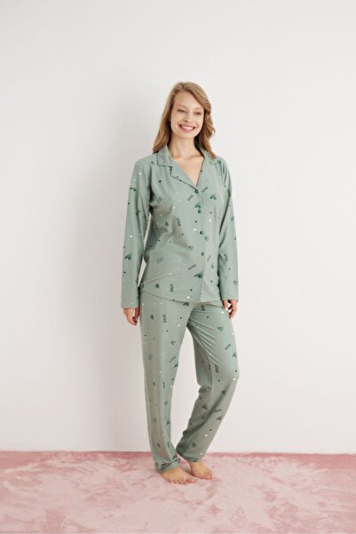 FORMO Women's Suede Shirt Collar Buttoned Patterned Soft Long Sleeve Winter Pajama Set