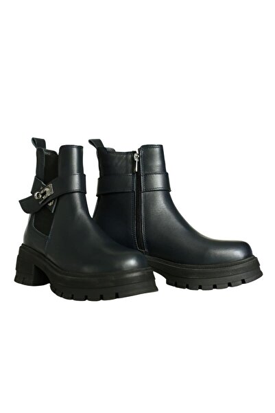 Platin Navy Blue Leather Women's Buckle Boots