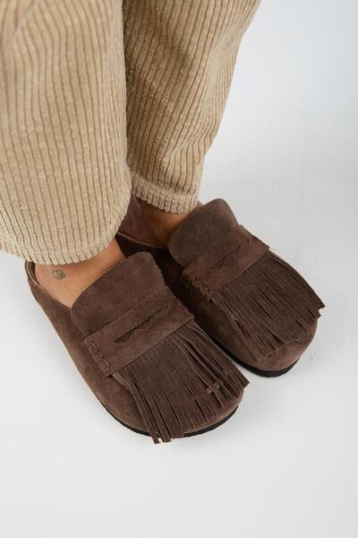 Manijero Madora Women's Genuine Leather Tasseled Sabo Brown Slippers