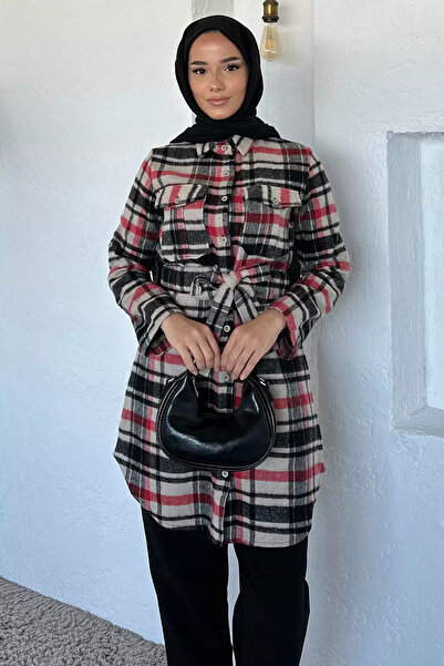 Zehra Gül Siyahkırmızı Ekose Desenli Çift Cepli Tesettür Tunik