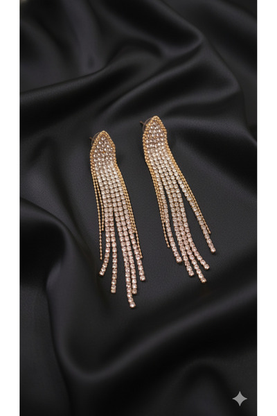 Lu Atelier Véline Işıltılı Uzun Küpe – Altın Renkli Taşlı Zincir Tasarım – Gece Şıklığı ve Zarif Görünüm