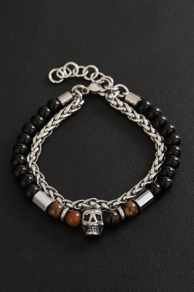 TAKIŞTIR Mixed Color Skull Figured Steel Men's Bracelet with Chain and Bead Detail