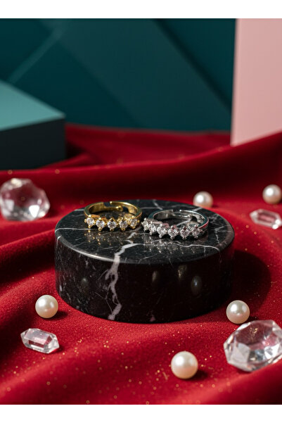 EKİDORA 5 Stone Women's Adjustable Steel Ring with Shiny Zircon Stone Stylish Jewelry