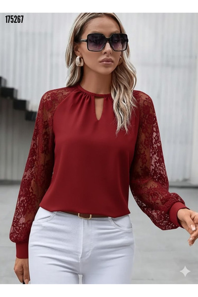 moda wanilia Women's Elegant Round Neck Long Lace Sleeve Sandy Fabric Blouse