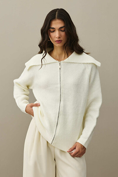 Fahhar Zipper Detailed Cardigan Ecru