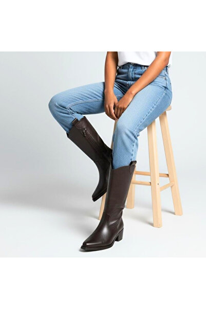 NE&VE SHOES Acı Kahve Taneli Deri İçten Yarım Fermuarlı Orta Topuklu Kadın Western Bot