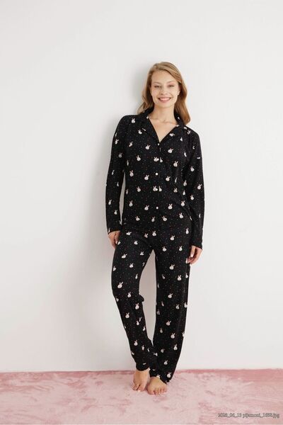 FORMO Women's Suede Shirt Collar Buttoned Patterned Soft Long Sleeve Winter Pajama Set