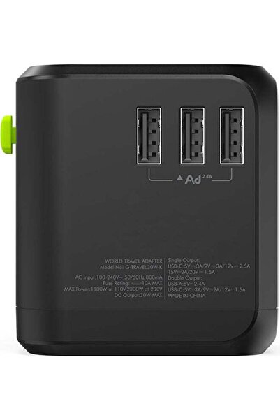 GOUİ JOY Uniq PD Travel Charger - Fits All Devices, 30W, Black/Green