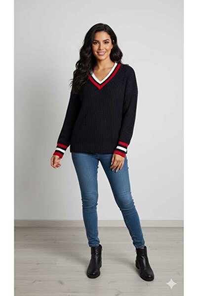 Cemre Life Pulover tricotat cu decolteu în V pentru femei detaliu cu dungi