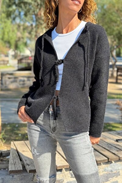 Güneşkızı Черно кардиган с връзки отпред, подходящо за пране, с мека текстура, ежедневно 65 45