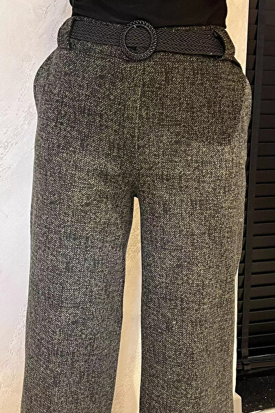 Zehra Gül Haki Kadın Kışlık Karyağdı Desenli Pile Detaylı Kemerli Palazzo Pantolon