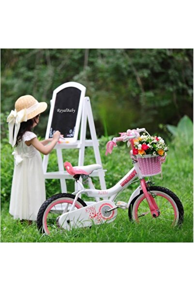 Royal Baby Rider Jenny 14" Kids MTB Bike, White/Pink, Training Wheels, Front Basket, Ages 3-5