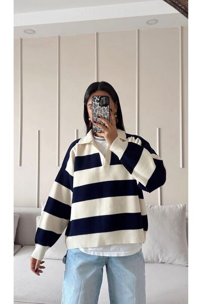 modazoom Pulover cu dungi cu gât polo