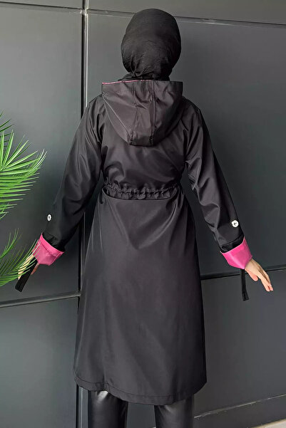 Zehra Gül Siyahfuşya Kadın Tesettür Kapüşonlu Bel Lastikli Trençkot