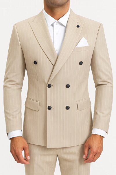 Plus Scorpion Striped Double-Breasted Men's Suit – Stylish and Comfortable Italian Cut, Fitted at the Waist, Ball Buttons