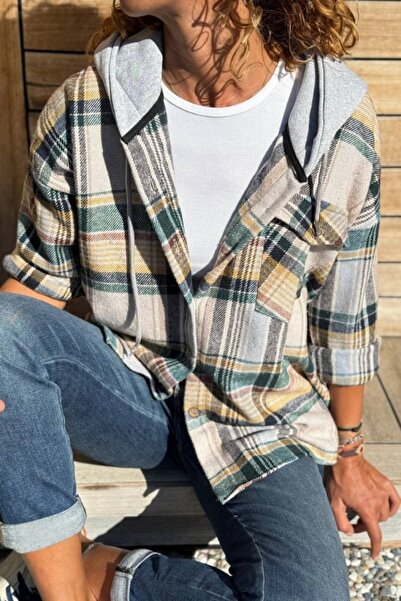 Güneşkızı Cămașă casual în carouri bej cu glugă cu buzunare 60 50