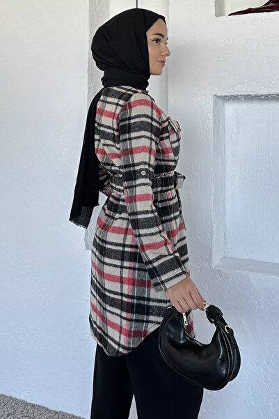 Zehra Gül Siyahkırmızı Ekose Desenli Çift Cepli Tesettür Tunik