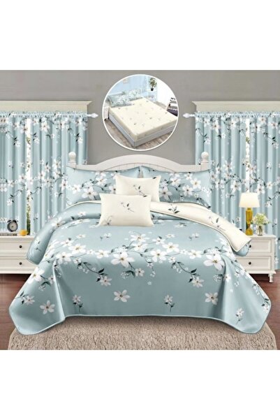 Casa de Vis Set lenjerie pat dublu, 8 piese cu perdele, cearșaf cu elastic 18...