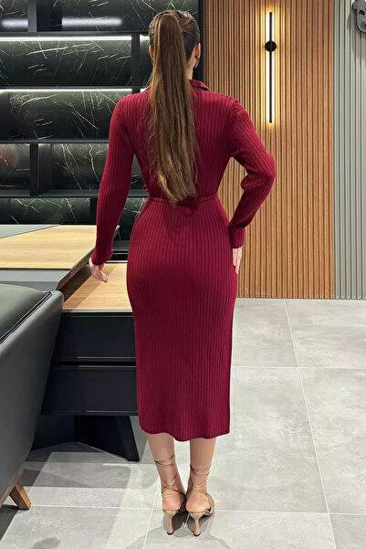 Zehra Gül Bordo Kadın Polo Yaka Bel Bağlamalı Uzun Triko Elbise