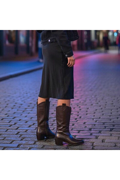 NE&VE SHOES Acı Kahve Taneli Deri İçten Yarım Fermuarlı Orta Topuklu Kadın Western Bot