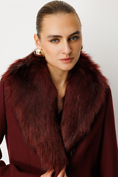 Ekol Fur Collar Coat with Flap Pockets Burgundy 6065-26K
