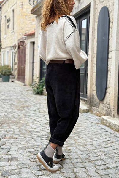 Güneşkızı Italian Black Washed Soft Textured Belted Velvet Casual Trousers 90 35