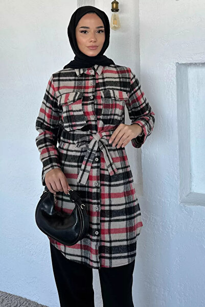 Zehra Gül Siyahkırmızı Ekose Desenli Çift Cepli Tesettür Tunik