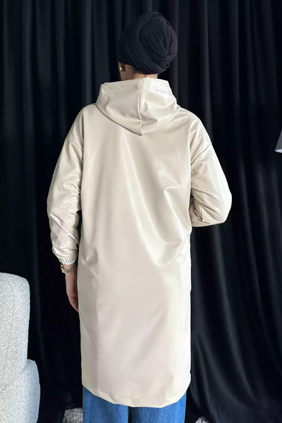 Zehra Gül Bej Kapüşonlu Fermuarlı Tesettür Suni Deri Mevsimlik Trençkot