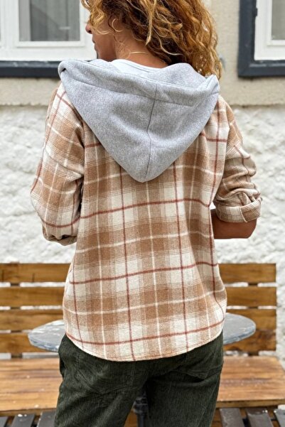 Güneşkızı Camel με κουκούλα Πουκάμισο με καρό τσέπες ξυλοκόπος casual πουκάμισο 60 50