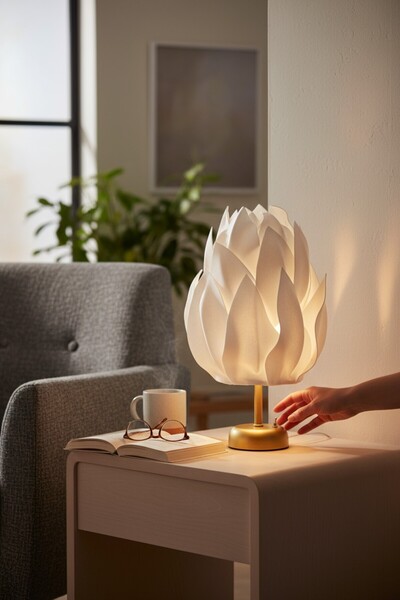 PearlHome White Eva Tulip Design Wireless Table Lamp – Matte Gold, Decorative Led Lampshade