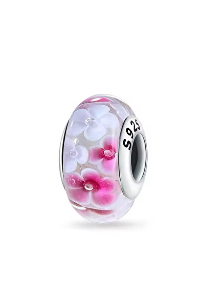 Fubena Pink and White Violets Murano Silver Charm