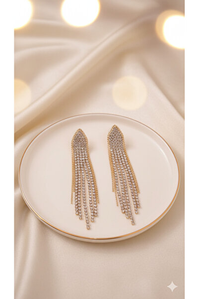 Lu Atelier Véline Işıltılı Uzun Küpe – Altın Renkli Taşlı Zincir Tasarım – Gece Şıklığı ve Zarif Görünüm