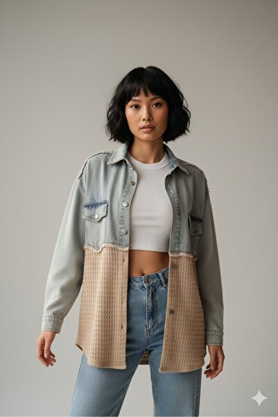 Lores Giyim Yarı Eskitme Denim Detaylı Gömlek Bej ve Mavinin uyumu