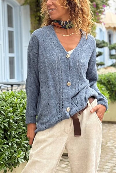 Güneşkızı İtalyan İndigo V Yaka Düğmeli Yıkamalı Ajurlu Yumuşak Dokulu Yün Salaş Hırka 70 50