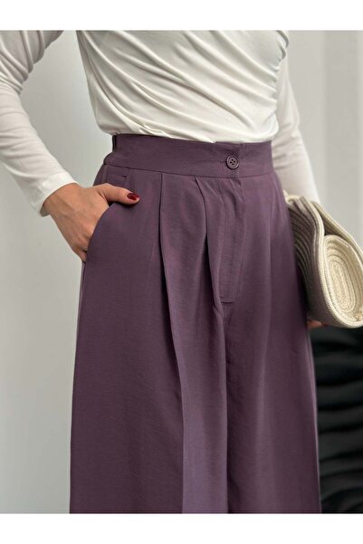 Hatun Atila Pleated High Waist Wide Leg Modal Fabric Palazzo Pants 8039 - Purple