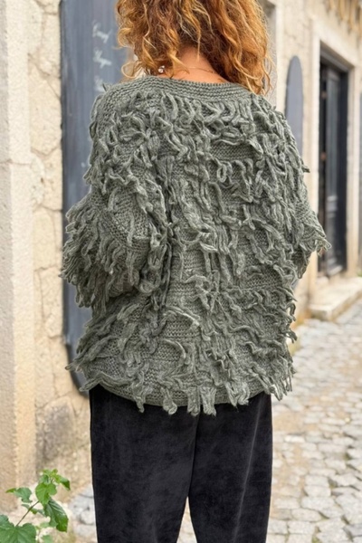 Güneşkızı İtalyan Haki Yıkamalı Püsküllü Yumuşak Dokulu Yün Salaş Hırka 65 50