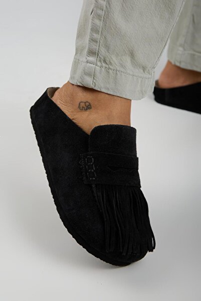 Manijero Madora Women's Genuine Leather Tasseled Sabo Black Slippers