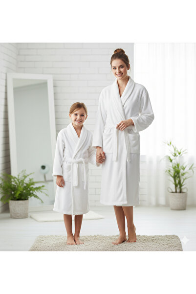Truva Grup Family Set of 2 100% Cotton Bathrobes – 1 Adult (Universal) + 1 Child (6–8 Years) – White