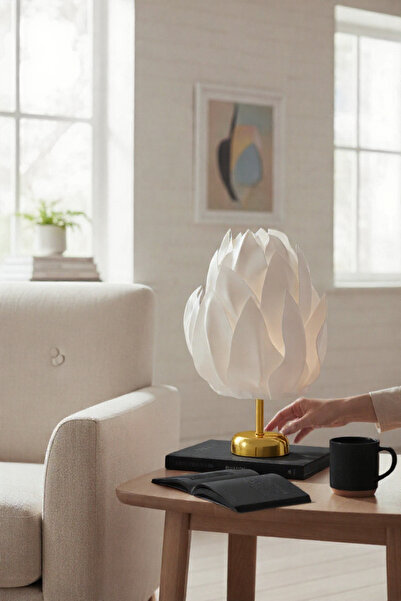 PearlHome White Eva Tulip Design Wireless Table Lamp – Shiny Gold, Decorative Led Lampshade