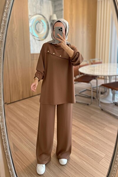Ka Hijab Σετ με χρυσά κουμπιά - Καφέ