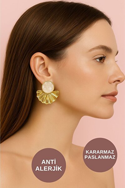 ALEXANDER HUD Antialerjik Suya Dayanıklı Kararmaz Kadın Günlük Midye Altın Büyük Çelik Küpe