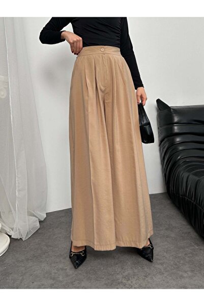 Hatun Atila Pleated High Waist Wide Leg Modal Fabric Palazzo Pants 8039 - Mink